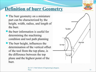 Definition of burr Geometry
Dr. D. Y. Patil School of Engineering,Lohegaon,
Pune. 15
The burr geometry on a miniature
part can be characterized by the
height, width, radius, and length of
the burr.
the burr information is useful for
determining the machining
condition and tool path planning
The burr height, influences the
determination of the vertical offset
of the tool from the top plane, is
the difference between the top
plane and the highest point of the
burr.
 
