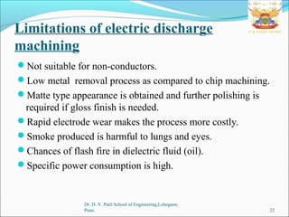 Limitations of electric discharge
machining
Not suitable for non-conductors.
Low metal removal process as compared to chip machining.
Matte type appearance is obtained and further polishing is
required if gloss finish is needed.
Rapid electrode wear makes the process more costly.
Smoke produced is harmful to lungs and eyes.
Chances of flash fire in dielectric fluid (oil).
Specific power consumption is high.
Dr. D. Y. Patil School of Engineering,Lohegaon,
Pune. 22
 