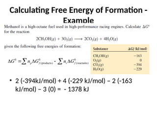 Calculating Free Energy of Formation -
Example
• 2 (-394kJ/mol) + 4 (-229 kJ/mol) – 2 (-163
kJ/mol) – 3 (0) = - 1378 kJ
0 0 0
(products) (reactants)
p f r f
G n G n G
    
 
 