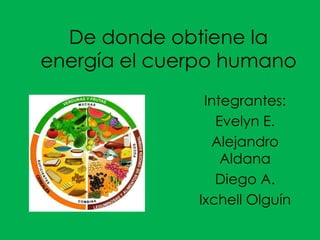 De donde obtiene la
energía el cuerpo humano
Integrantes:
Evelyn E.
Alejandro
Aldana
Diego A.
Ixchell Olguín
 