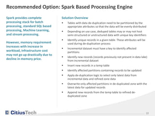 10
Spark provides complete
processing stack for batch
processing, standard SQL based
processing, Machine Learning,
and str...