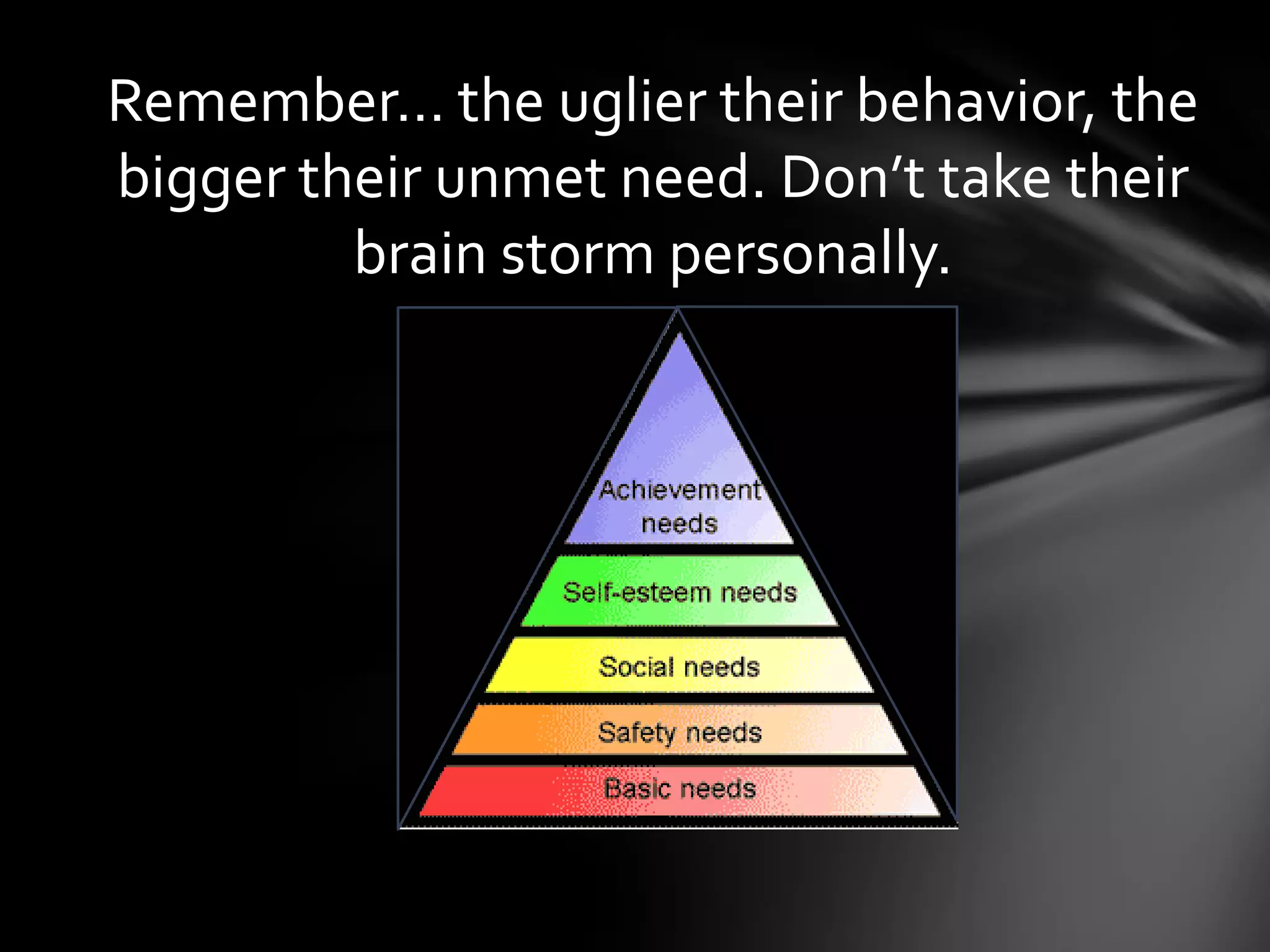 Remember… the uglier their behavior, the
bigger their unmet need. Don’t take their
brain storm personally.
 