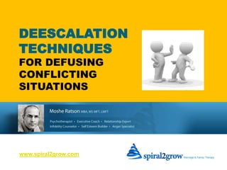 DE-ESCALATION TECHNIQUES
FOR DEFUSING CONFILICTING SITUATIONS www.spiral2grow.com
DEESCALATION
TECHNIQUES
FOR DEFUSING
CONFLICTING
SITUATIONS
www.spiral2grow.com
 