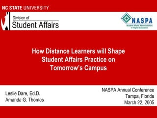 Leslie Dare, Ed.D.
Amanda G. Thomas
Student Affairs
Division of
How Distance Learners will Shape
Student Affairs Practice on
Tomorrow’s Campus
NASPA Annual Conference
Tampa, Florida
March 22, 2005
 