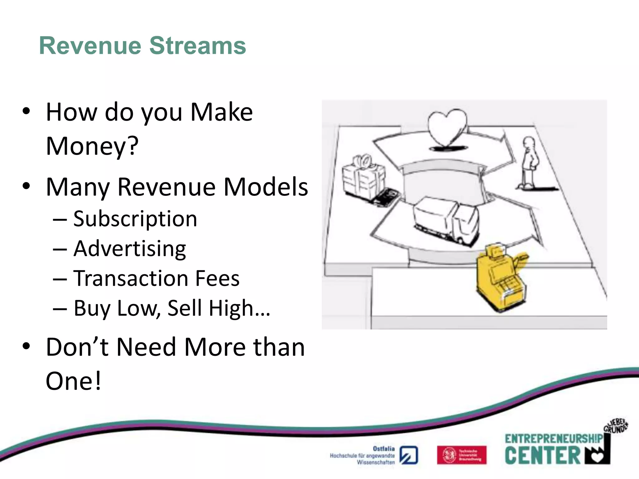 Revenue Streams

• How do you Make
  Money?
• Many Revenue Models
  – Subscription
  – Advertising
  – Transaction Fees
  – Buy Low, Sell High…
• Don’t Need More than
  One!
 