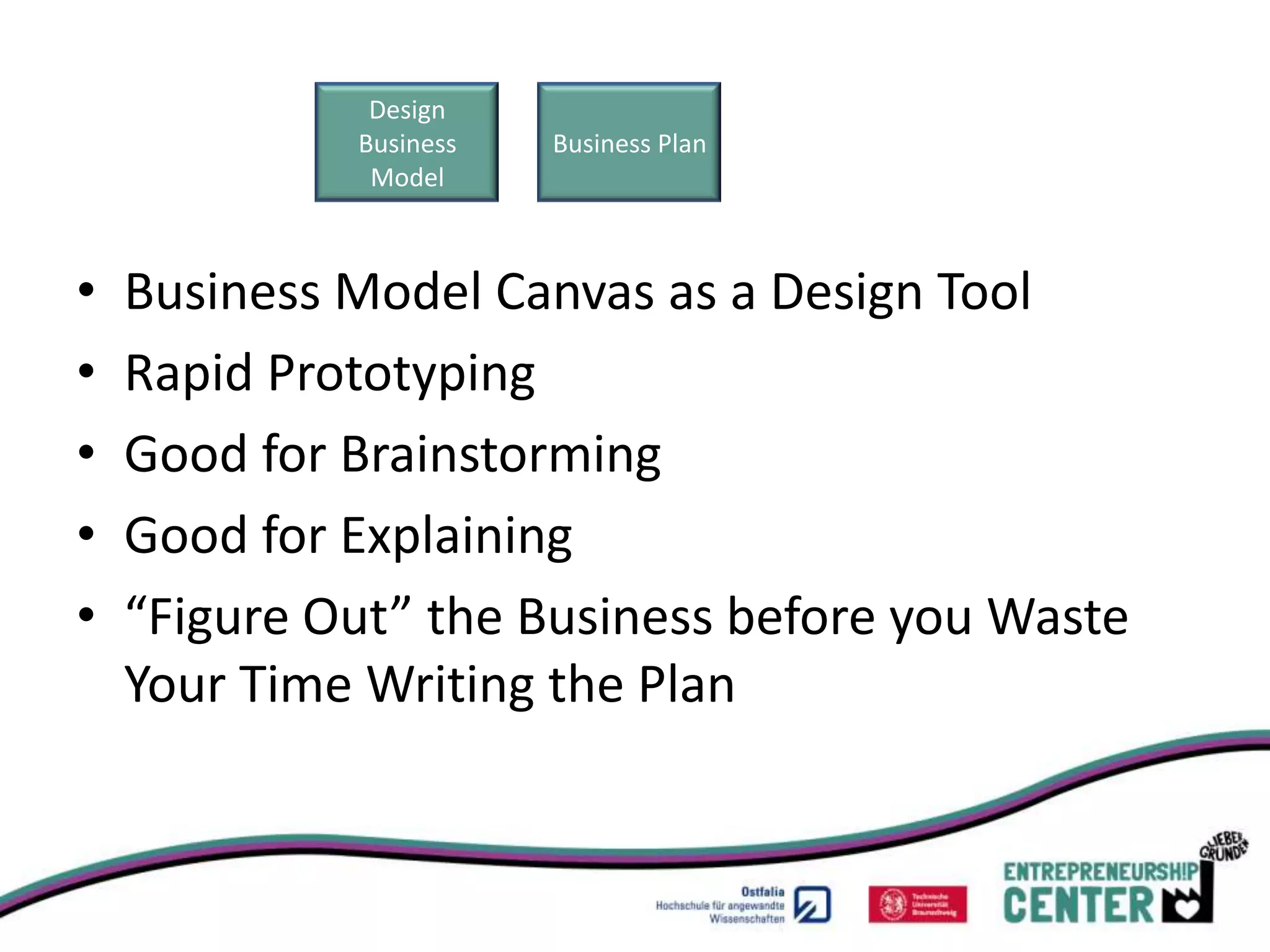 Design
             Business   Business Plan
              Model



•   Business Model Canvas as a Design Tool
•   Rapid Prototyping
•   Good for Brainstorming
•   Good for Explaining
•   “Figure Out” the Business before you Waste
    Your Time Writing the Plan
 
