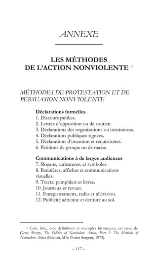 – 117 –
ANNEXE
––––––––––––
LES MÉTHODES
DE L’ACTION NONVIOLENTE 17
MÉTHODES DE PROTESTATION ET DE
PERSUASION NONVIOLENTE
Déclarations formelles
1. Discours publics.
2. Lettres d’opposition ou de soutien.
3. Déclarations des organisations ou institutions.
4. Déclarations publiques signées.
5. Déclarations d’intention et réquisitoires.
6. Pétitions de groupe ou de masse.
Communications à de larges audiences
7. Slogans, caricatures, et symboles.
8. Bannières, affiches et communications
visuelles.
9. Tracts, pamphlets et livres.
10. Journaux et revues.
11. Enregistrements, radio et télévision.
12. Publicité aérienne et écriture au sol.
17 Cette liste, avec définitions et exemples historiques, est issue de
Gene Sharp, The Politics of Nonviolent Action, Part 2: The Methods of
Nonviolent Action (Boston, MA: Porter Sargent, 1973).
 