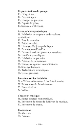 – 118 –
Représentations de groupe
13. Délégations.
14. Prix satiriques.
15. Groupes de pression.
16. Piquets de grève.
17. Simulacre d’élections.
Actes publics symboliques
18. Exhibition de drapeaux et de couleurs
symboliques.
19. Port de symboles.
20. Prières et cultes.
21. Livraison d’objets symboliques.
22. Protestations dénudées.
23. Destruction de ses propres possessions.
24. Lumières symboliques.
25. Exhibition de portraits.
26. Peinture de protestation.
27. Nouveaux signes et dénominations.
28. Sons symboliques.
29. Réclamations symboliques.
30. Gestes grossiers.
Pressions sur les individus
31. « Visites » récurrentes à des fonctionnaires.
32. Provocation de fonctionnaires.
33. Fraternisation.
34. Veilles.
Théâtre et musique
35. Satires et farces humoristiques.
36. Exécution de pièces de théâtre et de musique.
37. Exécution de chants.
Processions
38. Marches.
39. Parades.
 