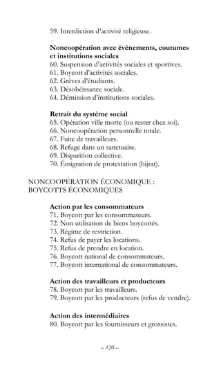 – 120 –
59. Interdiction d’activité religieuse.
Noncoopération avec événements, coutumes
et institutions sociales
60. Suspension d’activités sociales et sportives.
61. Boycott d’activités sociales.
62. Grèves d’étudiants.
63. Désobéissance sociale.
64. Démission d’institutions sociales.
Retrait du système social
65. Opération ville morte (ou rester chez soi).
66. Noncoopération personnelle totale.
67. Fuite de travailleurs.
68. Refuge dans un sanctuaire.
69. Disparition collective.
70. Émigration de protestation (hijrat).
NONCOOPÉRATION ÉCONOMIQUE :
BOYCOTTS ÉCONOMIQUES
Action par les consommateurs
71. Boycott par les consommateurs.
72. Non utilisation de biens boycottés.
73. Régime de restriction.
74. Refus de payer les locations.
75. Refus de prendre en location.
76. Boycott national de consommateurs.
77. Boycott international de consommateurs.
Action des travailleurs et producteurs
78. Boycott par les travailleurs.
79. Boycott par les producteurs (refus de vendre).
Action des intermédiaires
80. Boycott par les fournisseurs et grossistes.
 
