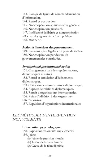 – 124 –
143. Blocage de lignes de commandement ou
d’information.
144. Retard et obstruction.
145. Noncoopération administrative générale.
146. Noncoopération judiciaire.
147. Inefficacité délibérée et noncoopération
sélective des agents de la force publique.
148. Mutinerie.
Action à l’intérieur du gouvernement
149. Evasions quasi légales et reports de tâches.
150. Noncoopération par des unités
gouvernementales constituées.
International governmental action
151. Changements dans les représentations,
diplomatiques et autres.
152. Retard et annulation d’événements
diplomatiques.
153. Cessation de reconnaissance diplomatique.
154. Rupture de relations diplomatiques.
155. Retrait d’organisations internationales.
156. Refus d’adhésion à des organismes.
Internationaux.
157. Expulsion d’organisations internationales
LES MÉTHODES D’INTERVENTION
NONVIOLENTE
Intervention psychologique
158. Exposition volontaire aux éléments.
159. Jeûne.
(a) Jeûne de pression morale.
(b) Grève de la faim limitée.
(c) Grève de la faim illimitée.
 