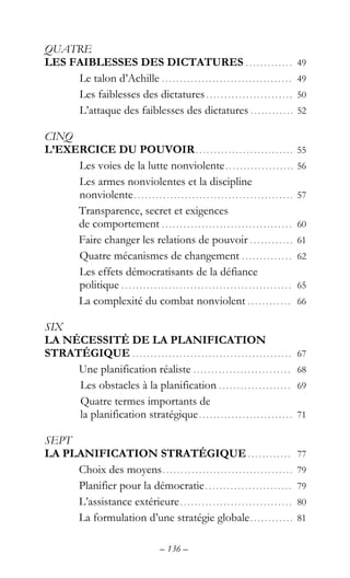 – 136 –
QUATRE
LES FAIBLESSES DES DICTATURES . . . . . . . . . . . . . 49
Le talon d’Achille . . . . . . . . . . . . . . . . . . . . . . . . . . . . . . . . . . . . 49
Les faiblesses des dictatures . . . . . . . . . . . . . . . . . . . . . . . . 50
L’attaque des faiblesses des dictatures . . . . . . . . . . . . 52
CINQ
L’EXERCICE DU POUVOIR. . . . . . . . . . . . . . . . . . . . . . . . . . . 55
Les voies de la lutte nonviolente. . . . . . . . . . . . . . . . . . . 56
Les armes nonviolentes et la discipline
nonviolente. . . . . . . . . . . . . . . . . . . . . . . . . . . . . . . . . . . . . . . . . . . . 57
Transparence, secret et exigences
de comportement . . . . . . . . . . . . . . . . . . . . . . . . . . . . . . . . . . . . 60
Faire changer les relations de pouvoir . . . . . . . . . . . . 61
Quatre mécanismes de changement . . . . . . . . . . . . . . 62
Les effets démocratisants de la défiance
politique . . . . . . . . . . . . . . . . . . . . . . . . . . . . . . . . . . . . . . . . . . . . . . . 65
La complexité du combat nonviolent . . . . . . . . . . . . 66
SIX
LA NÉCESSITÉ DE LA PLANIFICATION
STRATÉGIQUE . . . . . . . . . . . . . . . . . . . . . . . . . . . . . . . . . . . . . . . . . . . . 67
Une planification réaliste . . . . . . . . . . . . . . . . . . . . . . . . . . . 68
Les obstacles à la planification . . . . . . . . . . . . . . . . . . . . 69
Quatre termes importants de
la planification stratégique. . . . . . . . . . . . . . . . . . . . . . . . . . 71
SEPT
LA PLANIFICATION STRATÉGIQUE . . . . . . . . . . . . 77
Choix des moyens. . . . . . . . . . . . . . . . . . . . . . . . . . . . . . . . . . . . 79
Planifier pour la démocratie. . . . . . . . . . . . . . . . . . . . . . . . 79
L’assistance extérieure. . . . . . . . . . . . . . . . . . . . . . . . . . . . . . . 80
La formulation d’une stratégie globale. . . . . . . . . . . . 81
 