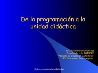 De la programación a la unidad didáctica Mª Luisa Garcia Gurrutxaga  Coordinadora de BHINEBI Programa de Educación Multilingüe   G01 Donostiako Berritzegunea 
