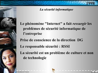 La sécurité informatique Le phénomène "Internet" a fait  ressurgir  les problèmes de sécurité informatique de l’entreprise Prise de conscience de la direction  DG Le responsable sécurité : RSSI La sécurité est un problème de culture et non de technologie 1998 