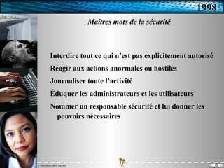 Maîtres mots de la sécurité Interdire tout ce qui n’est pas explicitement autorisé Réagir aux actions anormales ou hostiles Journaliser toute l’activité Éduquer les administrateurs et les utilisateurs Nommer un responsable sécurité et lui donner les pouvoirs nécessaires 1998 