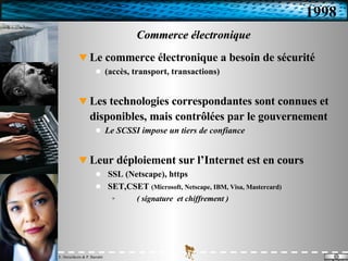 Commerce électronique Le commerce électronique a besoin de sécurité (accès, transport, transactions) Les technologies correspondantes sont connues et disponibles, mais contrôlées par le gouvernement Le SCSSI impose un tiers de confiance Leur déploiement sur l’Internet est en cours SSL (Netscape), https SET,CSET  (Microsoft, Netscape, IBM, Visa, Mastercard) ( signature  et chiffrement ) 1998 