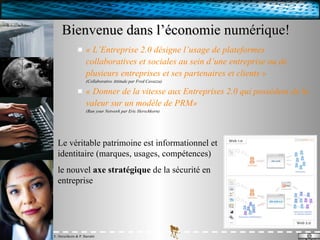 Bienvenue dans l’économie numérique! « L’Entreprise 2.0 désigne l’usage de plateformes collaboratives et sociales au sein d’une entreprise ou de plusieurs entreprises et ses partenaires et clients » (Collaborative Attitude par Fred Cavazza) « Donner de la vitesse aux Entreprises 2.0 qui possèdent de la valeur sur un modèle de PRM»   (Run your Network par Eric Herschkorn) Le véritable patrimoine est informationnel et identitaire (marques, usages, compétences) le nouvel  axe stratégique  de la sécurité en entreprise 