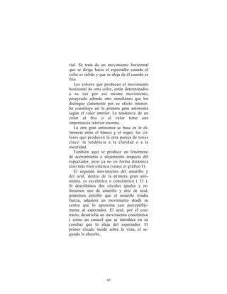 rial. Se trata de un movimiento horizontal
que se dirige hacia el espectador cuando el
color es cálido y que se aleja de él cuando es
frío.
   Los colores que producen el movimiento
horizontal de otro color, están determinados
a su vez por ese mismo movimiento,
poseyendo además otro simultáneo que los
distingue claramente por su efecto interior.
Se constituye así la primera gran antimonia
según el valor interior. La tendencia de un
color al frío o al calor tiene una
importancia interior enorme.
   La otra gran antinomia se basa en la di-
ferencia entre el blanco y el negro, los co-
lores que producen la otra pareja de tonos
clave: la tendencia a la claridad o a la
oscuridad.
   También aquí se produce un fenómeno
de acercamiento o alejamiento respecto del
espectador, pero ya no en forma dinámica
sino más bien estática (véase el gráfico I ) .
   El segundo movimiento del amarillo y
del azul, dentro de la primera gran anti-
nomia, es excéntrico o concéntrico ( 33 ).
Si describimos dos círculos iguales y re-
llenamos uno de amarillo y otro de azul,
podremos percibir que el amarillo irradia
fuerza, adquiere un movimiento desde su
centro que lo aproxima casi perceptible-
mente al espectador. El azul, por el con-
trario, desarrolla un movimiento concéntrico
( como un caracol que se introduce en su
concha) que lo aleja del espectador. El
primer círculo incide sobre la vista, el se-
gundo la absorbe.




                      65
 