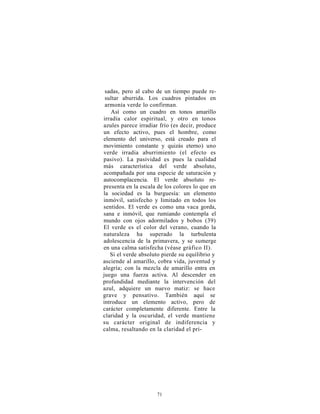 sadas, pero al cabo de un tiempo puede re-
 sultar aburrida. Los cuadros pintados en
 armonía verde lo confirman.
    Así como un cuadro en tonos amarillo
irradia calor espiritual, y otro en tonos
azules parece irradiar frío (es decir, produce
un efecto activo, pues el hombre, como
elemento del universo, está creado para el
movimiento constante y quizás eterno) uno
verde irradia aburrimiento (el efecto es
pasivo). La pasividad es pues la cualidad
más característica del verde absoluto,
acompañada por una especie de saturación y
autocomplacencia. El verde absoluto re-
presenta en la escala de los colores lo que en
la sociedad es la burguesía: un elemento
inmóvil, satisfecho y limitado en todos los
sentidos. El verde es como una vaca gorda,
sana e inmóvil, que rumiando contempla el
mundo con ojos adormilados y bobos (39)
El verde es el color del verano, cuando la
naturaleza ha superado la turbulenta
adolescencia de la primavera, y se sumerge
en una calma satisfecha (véase gráfico II).
   Si el verde absoluto pierde su equilibrio y
asciende al amarillo, cobra vida, juventud y
alegría; con la mezcla de amarillo entra en
juego una fuerza activa. Al descender en
profundidad mediante la intervención del
azul, adquiere un nuevo matiz: se hace
grave y pensativo. También aquí se
introduce un elemento activo, pero de
carácter completamente diferente. Entre la
claridad y la oscuridad, el verde mantiene
su carácter original de indiferencia y
calma, resaltando en la claridad el pri-




                     71
 