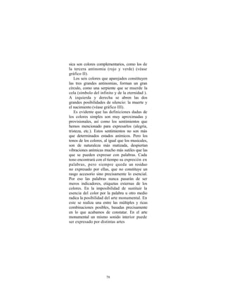 sica son colores complementarios, como los de
la tercera antinomia (rojo y verde) (véase
gráfico II).
    Los seis colores que aparejados constituyen
las tres grandes antinomias, forman un gran
círculo, como una serpiente que se muerde la
cola (símbolo del infinito y de la eternidad ).
A izquierda y derecha se abren las dos
grandes posibilidades de silencio: la muerte y
el nacimiento (véase gráfico III).
    Es evidente que las definiciones dadas de
los colores simples son muy aproximadas y
provisionales, así como los sentimientos que
hemos mencionado para expresarlos (alegría,
tristeza, etc.). Estos sentimientos no son más
que determinados estados anímicos. Pero los
tonos de los colores, al igual que los musicales,
son de naturaleza más matizada, despiertan
vibraciones anímicas mucho más sutiles que las
que se pueden expresar con palabras. Cada
tono encontrará con el tiempo su expresión en
palabras, pero siempre queda un residuo
no expresado por ellas, que no constituye un
rasgo accesorio sino precisamente lo esencial.
Por eso las palabras nunca pasarán de ser
meros indicadores, etiquetas externas de los
colores. En la imposibilidad de sustituir la
esencia del color por la palabra u otro medio
radica la posibilidad del arte monumental. En
este se realiza una entre las múltiples y ricas
combinaciones posibles, basadas precisamente
en lo que acabamos de constatar. En el arte
monumental un mismo sonido interior puede
ser expresado por distintas artes




                       79
 