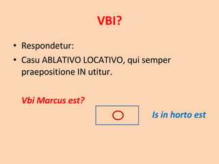 VBI? Respondetur:  Casu ABLATIVO LOCATIVO, qui semper praepositione IN utitur. Vbi Marcus est?  Is in horto est 