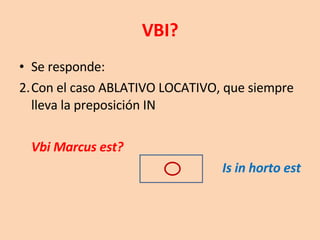 VBI? Se responde:  Con el caso ABLATIVO LOCATIVO, que siempre lleva la preposición IN  Vbi Marcus est?  Is in horto est 