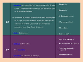 QVO -  Acusativo :  sin preposición con los nombres propios de lugar menor y los sustantivos  domus  y  rus ; con las preposiciones  in, ad  en los demás casos. La preposición  ad  expresa movimiento hacia las proximidades de un lugar,  in   hacia el interior. Es por eso por lo que en contextos de hostilidad, sobre todo con nombres de persona, in tiene el significado de 'contra'. -  Dativo  de dirección. -  Romam  ire. -  Domum  ire. -  In Caesarem  venire. - A d urbem  proficisci. -  Ad mortem . - It clamor  caelo . QVA -  Ablativo  instrumental. -  Per  +  acusativo . -  Acusativo  de extensión en el tiempo. - Ibam forte  Via Sacra . -  Per provinciam  iter fecerunt. - Troiam  decem annis  ceperunt. -  Multos annos  vixit. 