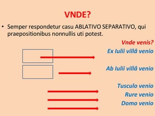 VNDE? Semper respondetur casu ABLATIVO SEPARATIVO, qui praepositionibus nonnullis uti potest. Vnde venis? Ex Iulii villâ venio Ab Iulii villâ venio Tusculo venio Rure venio Domo venio 