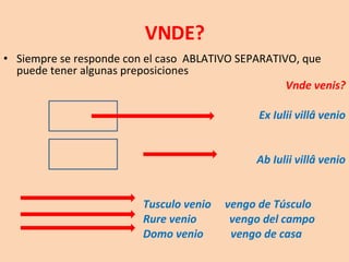 VNDE? Siempre se responde con el caso  ABLATIVO SEPARATIVO, que puede tener algunas preposiciones Vnde venis? Ex Iulii villâ venio Ab Iulii villâ venio Tusculo venio  vengo de Túsculo Rure venio  vengo del campo Domo venio  vengo de casa 