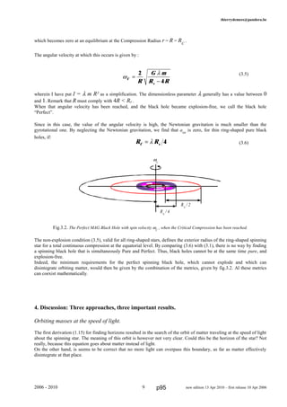 thierrydemees@pandora.be
which becomes zero at an equilibrium at the Compression Radius r = R = RC
.
The angular velocity at which this occurs is given by :
(3.5)
wherein I have put I = λ m R² as a simplification. The dimensionless parameter λ generally has a value between 0
and 1. Remark that R must comply with 4R < Rs .
When that angular velocity has been reached, and the black hole became explosion-free, we call the black hole
“Perfect”.
Since in this case, the value of the angular velocity is high, the Newtonian gravitation is much smaller than the
gyrotational one. By neglecting the Newtonian gravitation, we find that atot
is zero, for thin ring-shaped pure black
holes, if:
(3.6)
Fig.3.2. The Perfect MAG Black Hole with spin velocity ωC
, when the Critical Compression has been reached.
The non-explosion condition (3.5), valid for all ring-shaped stars, defines the exterior radius of the ring-shaped spinning
star for a total continuous compression at the equatorial level. By comparing (3.6) with (3.1), there is no way by finding
a spinning black hole that is simultaneously Pure and Perfect. Thus, black holes cannot be at the same time pure, and
explosion-free.
Indeed, the minimum requirements for the perfect spinning black hole, which cannot explode and which can
disintegrate orbiting matter, would then be given by the combination of the metrics, given by fig.3.2. Al these metrics
can coexist mathematically.
4. Discussion: Three approaches, three important results.
Orbiting masses at the speed of light.
The first derivation (1.15) for finding horizons resulted in the search of the orbit of matter traveling at the speed of light
about the spinning star. The meaning of this orbit is however not very clear. Could this be the horizon of the star? Not
really, because this equation goes about matter instead of light.
On the other hand, is seems to be correct that no more light can overpass this boundary, as far as matter effectively
disintegrate at that place.
2006 - 2010 9 new edition 13 Apr 2010 – first release 10 Apr 2006
R RC s= λ 4
RS
/ 2
RS
/ 4
ωC
ω
λ
C
sR
G m
R R
=
−
2
4
p95
 