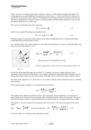 Thierry De Mees
In fig 1, the mass m1 (a particle of the sphere) orbits at a velocity v1 in the gravitation field g of the sphere. This
motion generates a second field ΩΩΩΩ that is perpendicular on the velocity v1 . This second field will influence any
second mass m2 that travels with a velocity v2 by generating a force F2 that will cause a deviation of the mass m2 .
This force is perpendicular to both the velocity v2 and the gyrotation field ΩΩΩΩ . Mutatis mutandis, the mass m2 will
also deviate any mass m1 in a similar way.
The force F2 can be found by the vector expression :
F2 ⇐ m2 (v2 × ΩΩΩΩ) (1.1)
which can be completed by adding the gravitational force :
F2, tot ⇐ m2 (g + v2 × ΩΩΩΩ) (1.2)
When this scenario is repeated for all the particles of the sphere, the global gravitation is found and the global
second field (the gyrotational field) is found.
For a spinning sphere with rotation velocity ω , the results for the gyrotation at a point p outside the sphere with
mass m is given by the equation (1.3) (5)
:
(1.3)
wherein • means the scalar product of vectors.
(Reference: adapted from E. Negut). The drawing shows equipotentials of – Ω .
Fig. 1.2
For the level of the equatorial plane, the last term of (1.3) vanishes, and we get a simple expression that is
dependent of the inverse cube of the distance, and, compared with the pure gravitational field, dependent from the
square of the sphere's radius, from the inverse square of the light velocity, and from the sphere's angular velocity.
The result of the expression (1.3) can be put in (1.2) in order to find the total acceleration acting on a arbitrary
mass in motion.
For the equatorial plane, equation (1.2) can generally also be written as :
(1.4)
This equation shows that the second term can have some considerable relative importance, even if the mass is
small. Indeed, the second term can be much larger than 1, depending from the values of the variables. This means
that even if the mass is small, it is still possible to have the impression that we are coping with a massive object.
The equation (1.4) can be expressed more generally, when we consider I the inertial momentum of the central
object:
Since , we get, more generally : (1.5)
In the next chapter, we will analyse these parameters in detail.
© Feb. 2008 - March 2009 2
ωωωω Y p
r
α X
R
Ωext
G mR
r c
r r
r
⇐
−
−
•F
HG I
KJ
2
3 2 2
5
3
ω
ωb g
a
G m
r
v R
r c
= − +
F
HG I
KJ2
2
2
2
1
5
ω
I m Rsphere =
2
5
2
a
G m
r
v I
m r c
= − +
F
HG I
KJ2
2
2
1
2
ω
p100
 