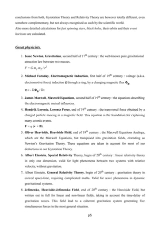 conclusions from both, Gyrotation Theory and Relativity Theory are however totally different, even
somehow complementary, but not always recognised as such by the scientific world.
Also more detailed calculations for fast spinning stars, black holes, their orbits and their event
horizons are calculated.
Great physicists.
1. Isaac Newton, Gravitation, second half of 17th
century : the well-known pure gravitational
attraction law between two masses.
F = G m1 m2 / r2
2. Michael Faraday, Electromagnetic Induction, first half of 19th
century : voltage (a.k.a.
electromotive force) induction EEEE through a ring, by a changing magnetic flux ΦΦΦΦB
.
EEEE = - δ ΦΦΦΦB
/ δ t
3. James Maxwell, Maxwell Equations, second half of 19th
century : the equations describing
the electromagnetic mutual influences.
4. Hendrik Lorentz, Lorentz Force, end of 19th
century : the transversal force obtained by a
charged particle moving in a magnetic field. This equation is the foundation for explaining
many cosmic events.
F = q (v × B).
5. Oliver Heaviside, Heaviside Field, end of 19th
century : the Maxwell Equations Analogy,
which are the Maxwell Equations, but transposed into gravitation fields, extending so
Newton’s Gravitation Theory. These equations are taken in account for most of our
deductions in our Gyrotation Theory.
6. Albert Einstein, Special Relativity Theory, begin of 20th
century : linear relativity theory
in only one dimension, valid for light phenomena between two systems with relative
velocity, without gravitation.
7. Albert Einstein, General Relativity Theory, begin of 20th century : gravitation theory in
curved space-time, requiring complicated maths. Valid for wave phenomena in dynamic
gravitational systems.
8. Jefimenko, Heaviside-Jefimenko Field, end of 20th
century : the Heaviside Field, but
written out in full for linear and non-linear fields, taking in account the time-delay of
gravitation waves. This field lead to a coherent gravitation system generating five
simultaneous forces in the most general situation.
p5
 