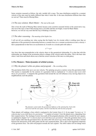 Thierry De Mees thierrydm@pandora.be
Some scientists reasoned as follows: the only variable left is mass. The mass distribution needed for a constant
velocity of the stars must be totally different than what it looks like. Is the mass distribution different than what
we can see? There must be Missing Mass.
2.4 The easy solution: Black Matter – The start of the myth.
This is how the myth of Missing Mass started, because some scientists reasoned strictly in the conservative way.
The rest of the story is that if that missing mass is invisible and thus not bright, it must be Black Matter.
However, we will see very soon that this way of thinking is incorrect.
2.5 The other reasoning – The meaning of the Kepler law.
I will not tell you anything new when saying that the Kepler Law for circular orbits is nothing more than an
application of the geometrical relationship between a constant force (or a constant acceleration a) and a velocity v
that is perpendicular to that force (or acceleration a). It results in a circular path with radius r.
v ² = a r
Any force that stays perpendicular to the velocity obeys to this geometrical relationship. It is clear that with this
relationship, any change of the acceleration allows a change of the velocity and/or the radius. This is the basic idea
where I start from and which allows me to find the correct velocities of the stars in a disk galaxy.
3. Pro Memore : Main dynamics of orbital systems.
3.1 Why the planets' orbits are plane and prograde – The swivelling orbits.
The gravitation field of the sun is our zero velocity. The spinning sun gives a motion versus this gravitation field.
This motion is responsible for the creation of a gyrotation field as explained in “A coherent dual vector field
theory for gravitation”. A magnetic-like gyrotation field around the sun will influence every moving object in its
neighbourhood, such like planets.
Fig. 3.1
The planetary system under the gyrotational influence of the spinning Sun. Each orbit
will swivel until the sun's plane, with the result that the orbit becomes prograde.
These planets will undergo a force which is analogical to the Lorentz force (1.1). In my paper “Lectures on “A
coherent dual vector field theory for gravitation” ”, I explain in Lecture C how the planets move, depending from
their original motion. The Analogue Lorentz force pulls all the prograde planetary orbits towards the sun's equator,
as explained in chapter 5 of “A coherent dual vector field theory for gravitation”. Since the gyrotation force is of a
much smaller order than the gravitation force, the entire orbit will swivel very slowly about the axis that is formed
between the intersection of the orbit's plane and the sun's equatorial plane. This is due to the tangential component
of the gyrotation force. The orbit will progress towards the sun's equator. The orbit's radius will not change much
© Feb. 2007 update 16/07/20105
SunΩΩΩΩ
ωωωω
X
Y
Z
F
Planet with
prograde orbitPlanet with
retrograde orbit
F y
p113
 