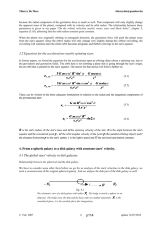 a
G m R
r ct =
′ωω
α
2
2 2
5
2sin
a
G m R
r cr = −
′2 2
2 2
5
ωω αcos
R
a
G m R
r c
G m
r
a
G m R
r c
G m
r
x
y
,
,
sin cos
sin cos sin
tot
tot
= −
′
−
= −
′
−
3
5
3
5
2 2
2 2 2
2 2
2 2 2
ω ω α α
ωω α α α
Thierry De Mees thierrydm@pandora.be
because the radial component of the gyrotation force is small as well. That component will only slightly change
the apparent mass of the planet, compared with its velocity and its orbit radius. The relationship between these
parameters is given in my paper “On the orbital velocities nearby rotary stars and black holes”, chapter 3,
equation (3.10), admitting that the orbit radius remains quasi constant.
When the planet was originally orbiting in retrograde direction, the gyrotation force will push the planet away
from the sun's equator. Since the orbit's radius will only change very slightly during this orbital swivelling, the
swivelling will continue until the entire orbit becomes prograde, and further converge to the sun's equator.
3.2 Equations for the accelerations nearby spinning stars.
In former papers, we found the equations for the accelerations upon an orbiting object about a spinning star, due to
the gravitation and gyrotation fields. The orbit here is not forming a plane that is going through the star's origin,
but an orbit that is parallel to the star's equator. The reason for that choice will follow further on.
(3.1)
(3.2)
These can be written in the more adequate formulation in relation to the radial and the tangential components of
the gyrotational part :
(3.3)
(3.4)
R is the star's radius, m the star's mass and ω the spinning velocity of the star; α is the angle between the star's
equator and the considered point p , ω' the orbit angular velocity of the point p (the parallel-orbiting object) and r
the distance from point p to the star's centre; c is the light's speed and G the universal gravitation constant.
4. From a spheric galaxy to a disk galaxy with constant stars' velocity.
4.1 The global stars' velocity in disk galaxies.
Relationship between the spherical and the disk galaxy.
We have to consider some other facts before we go for an analysis of the stars' velocities in the disk galaxy: we
need a reconstruction of the original spherical galaxy. And we analyse the disk part of the disk galaxy as well.
fig. 4.1
The schematic view of a disk galaxy with radius RRRRe
. The bulge is nearly a sphere or an
ellipsoid. The bulge area, the disk and the fuzzy ends are studied separately. RRRR is the
considered place, r is the variable place (for integration).
© Feb. 2007 update 16/07/20106
- RRRRe RRRRer RRRR
p114
 