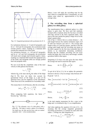 R
π r a t tt
tt
2
00
=
F
HG
I
KJzz ,Ω d d
Thierry De Mees thierrydm@pandora.be
Fig. 1.2. Tangential gyrotational orbit acceleration for θ = 0.
For inclinations between α = 0 and π/4 (prograde), and
for α = 3π/4 and 2π (retrograde), the acceleration tends
towards positive values, resulting in a rotational drift
towards the rotational axis of the Earth.
For inclinations between α = π/4 and π/2 (prograde),
and for α = π/2 and 3π/4 (retrograde), the acceleration
will much more strongly tend towards negative values,
resulting in a rotational drift towards the equatorial axis
of the Earth, and retrograde orbits are strongly pushed
back into prograde orbits.
We saw in [2] that the -simplified- value of the stars'
velocity in disk galaxies has become :
(1.3)
wherein M0 is the mass and R0 the radius of the bulge
(fig.1.3) We have not taken into account the
gyrotational forces of the bulge as a part of the
attraction force, just for simplicity of the calculations.
These forces are to be considered as of secondary order.
This means that (1.2) will become, after the swivelling:
(1.4)
When comparing both equations, the factor r-1/2
becomes R0
-1/2
after time.
Fig. 1.3: The schematic view of a disk galaxy with a
radius Re . The bulge is nearly a sphere or an ellipsoid.
The bulge area, the disk and the fuzzy ends are studied
separately. And r is the considered place.
Below, I now will study the swivelling time for the
stars' orbits in a simplified form. Consequently, we will
replace some values by approximations or by their
average value.
2. The swivelling time from a spherical
galaxy to a disk galaxy.
The transformation from a spherical galaxy to a disk
galaxy is quite clear. We have seen that randomly
inclined orbits of planets about the Sun have swivelled
until they arrived to the Sun's equatorial plane. Also
most of the stars outside the galaxy's bulge swivel to the
bulge's equator plane.
Out of fig.1.2. follows that at a certain distance r , the
path length between the random inclination angle α of
an orbit lays between zero and π r. The average path
length is then π r/2 until the equator. And this is also the
average path length until the swivelling star passes at
the disk's equator for the first time (remember that the
motion is an exponential decreasing oscillation).
Remark that the complete swivelling will not occur
nearby the bulge, due to the fuzzy and strongly variable
gyrotation fields in that region.
Integrating (1.2) twice over time gives the time which
the average star need to reach the disk region.
Hence, (2.1)
To get rid of α in (1.1), let us replace the geometric
function in α of (1.1) by its average value between α =
0 and α = π / 2 .
Thus,
(2.2)
Hence, (2.3)
Herein, (2.4)
is the total angular momentum for the n stars in the
bulge and r is as defined in fig.1.3, as a simplification.
And when applying the equation (2.2) into (2.1) , by
assuming that the average tangential gyrotational
swivelling acceleration is a constant for each orbit with
radius r , it brings me, after integration to:
(2.5)
© May. 2007 updated 19th
July 20102
- RRRRe RRRRe
r
′ = = =ω
θ
b gdisk
stard
dt
v
r r
G M
R
1 0
0
sin cos sin sin cosα α α α α2 1 3
3
4
42
− −F
HG I
KJ =c h av
π α α α α α α π
π
2 2 1 3
3
4
4 3
2
0
2
b g c hsin cos sin sin cos− −
F
HG I
KJz d =
a
G I
r c
t,Ωc h b g
av
tot
= −
′π ω ω
6
2 2
π
π ω ω
r a
t G I
r c
tt2
2 12
2
2 2
2
= = −
′
,Ωc h b g
av
tot
I Ii i
i
n
ω ωb gtot
=
=
∑
1
v
G M
R
star = 0
0
p124
 