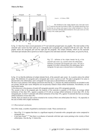 Thierry De Mees
© Dec. 2007 29/12/2007 - Updates 18/01/2008 and 29/09/20115
(source : A. Erikson, 2000)
Fig. 2.1
In fig. 2.1 there have been several parameters of 73 real asteroids grouped upon one graphic. The total number of the
asteroids' spin vectors has been split up in a retrograde and a prograde part, compared with the sun's spin. The left
graphic shows the retrograde part and the right part the prograde. The ecliptic latitudes, which are the asteroids'
individual spin latitudes above (positive) or below (negative) the individual asteroids' orbital plane, are given by Sin 










In fig. 2.2 we find the definition of ecliptic latitude Sin  of the asteroid's spin vector :  is positive above the orbital
plane. The definition of a prograde and a retrograde spin vector is given as well. The spin is prograde if its sense is
directed above the orbital plane, and is retrograde if its spin sense is directed below its orbital plane.
We have to pay attention with making conclusions from the fig. 2.1, because the orbital inclinations are divided in only
two groups, and the spin vector obliquities are not precisely related to these orbital inclinations. Nevertheless, we can
find several results.
A first discovery is the presence of nearly 64% prograde asteroids versus 36% retrograde asteroids.
The second is that in the prograde part, the majority of the asteroids (a quantity of 30) shows an average orbital
inclination of less than 10% , against a quantity of 18 with an average orbital inclination of more than 10%. In the
retrograde part, we find 11 asteroids with orbital inclination of less than 10%, against 14 asteroids that have an average
orbital inclination of more than 10%.
Thirdly, there are almost no spin vectors oriented in the vicinity of their own orbital plane (for Sin = 0), especially in
the case of orbits with a higher inclination.
2.2. Observational conclusions.
Out of this study, a number of qualitative conclusions is made. These conclusion are:
 Out of fig. 2.1 it appears that there is a significant majority of asteroids with a prograde spin vector compared to
retrograde ones.
 It has been found [1] [14]
that there is an absence of asteroids with their spin vector pointing in the vicinity of their
orbital plane. Also the fig. 2.1 shows this.
Fig. 2.2 : definition of the ecliptic latitude Sin  of the
asteroid's spin vector :  is positive above the orbital plane.
Definition of prograde and retrograde spin vector. The spin is
prograde if its sense is directed above the orbital plane, and is
retrograde if its spin sense is directed below its orbital plane.
i
i

p138
 