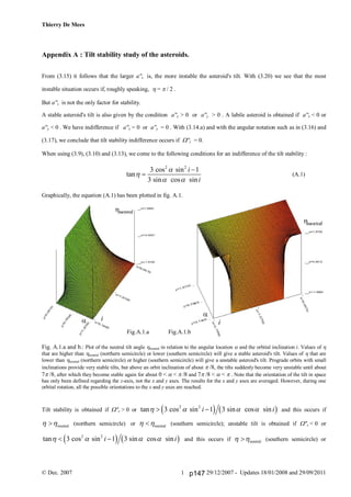 Thierry De Mees
© Dec. 2007 29/12/2007 - Updates 18/01/2008 and 29/09/20111
Appendix A : Tilt stability study of the asteroids.
From (3.15) it follows that the larger a''z is, the more instable the asteroid's tilt. With (3.20) we see that the most
instable situation occurs if, roughly speaking,  = / 2 .
But a''z is not the only factor for stability.
A stable asteroid's tilt is also given by the condition a''x > 0 or a''y > 0 . A labile asteroid is obtained if a''x < 0 or
a''y < 0 . We have indifference if a''x = 0 or a''y = 0 . With (3.14.a) and with the angular notation such as in (3.16) and
(3.17), we conclude that tilt stability indifference occurs if W''z = 0.
When using (3.9), (3.10) and (3.13), we come to the following conditions for an indifference of the tilt stability :
2 2
3 cos sin 1
tan
3 sin cos sin
i
i


 

 (A.1)
Graphically, the equation (A.1) has been plotted in fig. A.1.
Fig. A.1.a and b.: Plot of the neutral tilt angle neutral in relation to the angular location  and the orbital inclination i. Values of 
that are higher than neutral (northern semicircle) or lower (southern semicircle) will give a stable asteroid's tilt. Values of  that are
lower than neutral (northern semicircle) or higher (southern semicircle) will give a unstable asteroid's tilt. Prograde orbits with small
inclinations provide very stable tilts, but above an orbit inclination of about /8, the tilts suddenly become very unstable until about
7/8, after which they become stable again for about 0 <  < /8 and 7/8 < <  Note that the orientation of the tilt in space
has only been defined regarding the z-axis, not the x and y axes. The results for the x and y axes are averaged. However, during one
orbital rotation, all the possible orientations to the x and y axes are reached.
Tilt stability is obtained if W"z > 0 or    2 2
tan 3 cos sin 1 3 sin cos sini i     and this occurs if
neutral  (northern semicircle) or neutral  (southern semicircle); unstable tilt is obtained if W"z < 0 or
   2 2
tan 3 cos sin 1 3 sin cos sini i     and this occurs if neutral  (southern semicircle) or
Fig.A.1.a Fig.A.1.b
p147
 