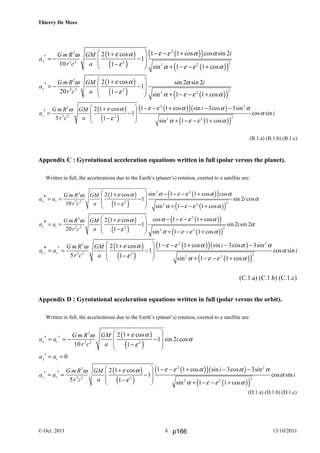 Thierry De Mees
© Oct. 2011 13/10/20118
( )
( )
( )( )
( )( )
22
3 2 2 22 2
1 1 cos cos sin 22 1 cos
1
10 1 sin 1 1 cos
x
iG m R GM
a
r c a
ε ε α αε αω
ε α ε ε α
  − − ++
′  = − −
 − + − − + 
( )
( ) ( )( )
2
3 2 2 22 2
2 1 cos sin 2 sin 2
1
20 1 sin 1 1 cos
y
G m R GM i
a
r c a
ε αω α
ε α ε ε α
 +
′  = − −
 − + − − + 
( )
( )
( )( )( )
( )( )
2 22
3 2 2 22 2
1 1 cos sin 3cos 3sin2 1 cos
1 cos sin
5 1 sin 1 1 cos
z
iG m R GM
a i
r c a
ε ε α α αε αω
α
ε α ε ε α
  − − + − −+
′  = −
 − + − − + 
(B.1.a) (B.1.b) (B.1.c)
Appendix C : Gyrotational acceleration equations written in full (polar versus the planet).
Written in full, the accelerations due to the Earth’s (planet’s) rotation, exerted to a satellite are:
( )
( )
( )( )
( )( )
2 22
3 2 2 22 2
sin 1 1 cos cos2 1 cos
1 sin 2 cos
10 1 sin 1 1 cos
x r
G m R GM
a a i
r c a
α ε ε α αε αω
α
ε α ε ε α
  − − − ++
′′  = = −
 − + − − + 
( )
( )
( )( )
( )( )
22
3 2 2 22 2
cos 1 1 cos2 1 cos
1 sin 2 sin 2
20 1 sin 1 1 cos
y t
G m R GM
a a i
r c a
α ε ε αε αω
α
ε α ε ε α
  − − − ++
′′  = = −
 − + − − + 
( )
( )
( )( )( )
( )( )
2 22
3 2 2 22 2
1 1 cos sin 3cos 3sin2 1 cos
1 cos sin
5 1 sin 1 1 cos
z z
iG m R GM
a a i
r c a
ε ε α α αε αω
α
ε α ε ε α
  − − + − −+
′′ ′  = = −
 − + − − + 
(C.1.a) (C.1.b) (C.1.c)
Appendix D : Gyrotational acceleration equations written in full (polar versus the orbit).
Written in full, the accelerations due to the Earth’s (planet’s) rotation, exerted to a satellite are:
( )
( )
2
* *
3 2 2
2 1 cos
1 sin 2 cos
10 1
x r
G m R GM
a a i
r c a
ε αω
α
ε
 +
 = = − −
 − 
*
0y ta a= =
( )
( )
( )( )( )
( )( )
2 22
*
3 2 2 22 2
1 1 cos sin 3cos 3sin2 1 cos
1 cos sin
5 1 sin 1 1 cos
z z
iG m R GM
a a i
r c a
ε ε α α αε αω
α
ε α ε ε α
  − − + − −+
′  = = −
 − + − − + 
(D.1.a) (D.1.b) (D.1.c)
p166
 