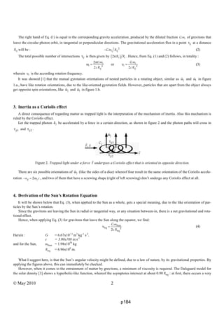 © May 2010 2
The right hand of Eq. (1) is equal to the corresponding gravity acceleration, produced by the diluted fraction iGm of gravitons that
leave the circular photon orbit, in tangential or perpendicular directions. The gravitational acceleration flux in a point τij at a distance
ijR will be : 2
i ijGm R− (2)
The total possible number of intersections τij is then given by ( )2 i iR Rπ . Hence, from Eq. (1) and (2) follows, in totality :
2
2
2
i
i
ij
Gm
c R
π
ω = or 2
2
i
i
ij
Gm
c R
υ = (3)
wherein iυ is the according rotation frequency.
It was showed [1] that the mutual gyrotation orientations of nested particles in a rotating object, similar as jω and iω in figure
1.a., have like rotation orientations, due to the like-oriented gyrotation fields. However, particles that are apart from the object always
get opposite spin orientations, like jω and iω in figure 1.b.
3. Inertia as a Coriolis effect
A direct consequence of regarding matter as trapped light is the interpretation of the mechanism of inertia. Also this mechanism is
ruled by the Coriolis effect.
Let the trapped photon δj be accelerated by a force in a certain direction, as shown in figure 2 and the photon paths will cross in
1jjτ and 2jjτ .
Figure 2. Trapped light under a force F undergoes a Coriolis effect that is oriented in opposite direction.
There are six possible orientations of jω (like the sides of a dice) whereof four result in the same orientation of the Coriolis accele-
ration 2jj ja c− = ω , and two of them that have a screwing shape (right of left screwing) don’t undergo any Coriolis effect at all.
4. Derivation of the Sun’s Rotation Equation
It will be shown below that Eq. (3), when applied to the Sun as a whole, gets a special meaning, due to the like orientation of par-
ticles by the Sun’s rotation.
Since the gravitons are leaving the Sun in radial or tangential way, or any situation between-in, there is a net gravitational and rota-
tional effect.
Hence, when applying Eq. (3) for gravitons that leave the Sun along the equator, we find:
Sun
eq 2
eq2
Gm
c R
υ = (4)
Herein : G = 6.67x10-11
m3
kg-1
s-2
,
c = 3.00x108 m s-1
and for the Sun, Sunm = 1.98x1030
kg
eqR = 6.96x108
m.
What I suggest here, is that the Sun’s angular velocity might be defined, due to a law of nature, by its gravitational properties. By
applying the figures above, this can immediately be checked.
However, when it comes to the entrainment of matter by gravitons, a minimum of viscosity is required. The Dalsgaard model for
the solar density [3] shows a hyperbolic-like function, whereof the asymptotes intersect at about 0.98 eqR : at first, there occurs a very
jC
jω
,F v
c
1jjτ
2jjτ
c
c
p184
 