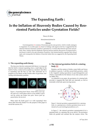 Thierry De Mees
© 2010 1 14th
June 2010
The Expanding Earth :
Is the Inflation of Heavenly Bodies Caused by Reo-
riented Particles under Gyrotation Fields?
Thierry De Mees
thierrydemees@telenet.be
Abstract
Gravitomagnetism [1] consists of Newtonian gravity and gyrotation, which is totally analogous
to magnetism. In an earlier paper [2], based on findings with regard to the Sun, I suggested that the
attraction between elementary particles is generated by a Coriolis effect between gravitons and par-
ticles. Here, I deduce that the amplitude of gravity between particles (the process of reciprocal gravi-
ton-losses) is ruled by the spin-orientation of particles. Like-oriented particles engender their mutual
repel, and consequently the inflation of heavenly bodies that was suggested by the Expanding Earth
Theory.
1. The expanding earth theory
The discovery that the continental drift theory is wrong and
that the Earth is instead expanding, from a small object to the
Earth of today, is about to be accepted as a standard. Also Mars
is expanding and the Sun as well. This motivated me to
progress on my theory on the Coriolis effect of gravitons, inte-
racting with elementary particles.
Image: Michael Netzer
Figure 1. Expanding Earth Theory. Some billion years ago,
the earth was a small sphere (shown in the middle). It grew
and the surface got broken into parts. Newer parts ap-
peared below the sea level.
What made the Earth grow? Is it still expanding? How
about other heavenly bodies? It is the purpose of this paper to
unveil the reasons of it.
2. The internal gyrotation field of a rotating
body [1]
Rotation, and the motion of bodies create fields and forces
in addition to gravity. I call this second field gyrotation, which
is the 'magnetic'-analog equivalence in gravitomagnetism and
which is responsible for the flatness of our solar system and of
our Milky Way.
As explained in my paper, the gyrotation of a rotating body
provides a magnetic-like field that acts internally as well as
externally to the body upon moving masses.
Figure 2. Internal gyrotation equipotentials Ω of a spinning
body at a spinning rate ω. Surface gyrotation forces are in-
dicated as FΩ and centrifugal pseudoforces as Fc .
In figure 2 , the internal gyrotation equipotentials Ω of a
spinning body at a spinning rate ω are shown. The gyrotation
fields are parallel and oriented like the rotation vector. The
p186
 