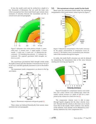 In fact, the model could only be verified for a depth of a
few thousands of kilometers, but not until the inner core,
where assumptions have been made based upon seismic meas-
urements of velocities between the transmitted and the re-
ceived waves (see next paragraph).
Figure 5. Schematic view of the interior of Earth. 1. contin-
ental crust - 2. oceanic crust - 3. upper mantle - 4. lower
mantle - 5. outer core - 6. inner core - A: Mohorovičić dis-
continuity - B: Gutenberg discontinuity - C: Lehmann dis-
continuity. The expected gravitation field strengths are
shown as well.
The mainstream gravitational field strength model inside
the Earth is based upon the densities. It increases from 9.8 m/s²
to 10.7 m/s² and then gradually decreases to zero in the Earth’s
centre.
The mainstream inside compression is as shown in the fig-
ure 6 below.
Figure 6. Mainstream compression and gravity graph [6].
These values are deduced theoretically from seismic meas-
urements (see next paragraph).
3.2. The mainstream seismic model for the Earth
Based upon the mainstream Earth model, the mainstream
interpretation of the found seismic values is given by figure 7.
Figure 7. Mainstream interpretation of the Earth’s structure
by the seismic measurements of compression waves (P-
waves) [7]. The shadow zone is occasioned by the refraction
index of the transition through the magma.
In reality, the inside Earth’s structure can only be deduced
by interpreting the transmission time of the wave between
sending and receiving (see figure 8).
Figure 8. Example of a compression velocity wave (solid
line) and a shear velocity wave (dashed line), where the
sudden velocity increase at a depth of 5155 km is inter-
preted as the evidence for a hard iron core [8].
The compression velocity wave is able to pass
through liquids (magma) but the shear velocity wave
isn’t. Remark that the velocity in the inner core is much
lower than in the mantle, which confirms a low density
of the material. A low density can be obtained by a low-
density material or by a low compression of it.
© 2010 3 Thierry De Mees 17th
Aug 2010p195
 
