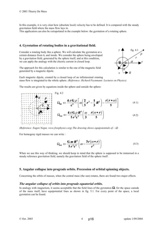 z fig. 4.1
p
r
m α y
a
x R
© 2003 Thierry De Mees
In this example, it is very clear how (absolute local) velocity has to be defined. It is compared with the steady
gravitation field where the mass flow lays in.
This application can also be extrapolated in the example below: the gyrotation of a rotating sphere.
4. Gyrotation of rotating bodies in a gravitational field.
Consider a rotating body like a sphere. We will calculate the gyrotation at a
certain distance from it, and inside. We consider the sphere being enveloped
by a gravitation field, generated by the sphere itself, and at this condition,
we can apply the analogy with the electric current in closed loop.
The approach for this calculation is similar to the one of the magnetic field
generated by a magnetic dipole.
Each magnetic dipole, created by a closed loop of an infinitesimal rotating
mass flow is integrated to the whole sphere. (Reference: Richard Feynmann: Lectures on Physics)
The results are given by equations inside the sphere and outside the sphere:
Fig. 4.2
(4.1)
(4.2)
(Reference: Eugen Negut, www.freephysics.org) The drawing shows equipotentials of – Ω .
For homogeny rigid masses we can write :
(4.3)
When we use this way of thinking, we should keep in mind that the sphere is supposed to be immersed in a
steady reference gravitation field, namely the gravitation field of the sphere itself .
5. Angular collapse into prograde orbits. Precession of orbital spinning objects.
Concerning the orbits of masses, when the central mass (the sun) rotates, there are found two major effects.
The angular collapse of orbits into prograde equatorial orbits.
In analogy with magnetism, it seems acceptable that the field lines of the gyrotation ΩΩΩΩ, for the space outside
of the mass itself, have equipotential lines as shown in fig. 5.1. For every point of the space, a local
gyrotation can be found.
© Oct. 2003 update 1/09/2004
Y p
r X
R
Ωint ⇐ −
F
HG I
KJ−
•L
NM O
QP4 2
5
1
3 5
2 2π ρ
ω
ωG
c2
r R
r rb g
Ωext 3 2
G
5 c
⇐ −
•F
HG I
KJ4
3 5
5
π ρ ω ωR
r
r rb g
Ωext 3 2 2
G
5 c
⇐ −
•F
HG I
KJm R
r
r r
r
2
3
ω
ωb g
4 p16
 