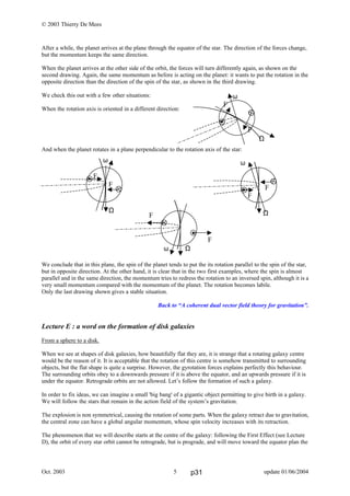 © 2003 Thierry De Mees
Oct. 2003 update 01/06/20045
After a while, the planet arrives at the plane through the equator of the star. The direction of the forces change,
but the momentum keeps the same direction.
When the planet arrives at the other side of the orbit, the forces will turn differently again, as shown on the
second drawing. Again, the same momentum as before is acting on the planet: it wants to put the rotation in the
opposite direction than the direction of the spin of the star, as shown in the third drawing.
We check this out with a few other situations:
When the rotation axis is oriented in a different direction:
And when the planet rotates in a plane perpendicular to the rotation axis of the star:
We conclude that in this plane, the spin of the planet tends to put the its rotation parallel to the spin of the star,
but in opposite direction. At the other hand, it is clear that in the two first examples, where the spin is almost
parallel and in the same direction, the momentum tries to redress the rotation to an inversed spin, although it is a
very small momentum compared with the momentum of the planet. The rotation becomes labile.
Only the last drawing shown gives a stable situation.
Back to “A coherent dual vector field theory for gravitation”.
Lecture E : a word on the formation of disk galaxies
From a sphere to a disk.
When we see at shapes of disk galaxies, how beautifully flat they are, it is strange that a rotating galaxy centre
would be the reason of it. It is acceptable that the rotation of this centre is somehow transmitted to surrounding
objects, but the flat shape is quite a surprise. However, the gyrotation forces explains perfectly this behaviour.
The surrounding orbits obey to a downwards pressure if it is above the equator, and an upwards pressure if it is
under the equator. Retrograde orbits are not allowed. Let’s follow the formation of such a galaxy.
In order to fix ideas, we can imagine a small 'big bang' of a gigantic object permitting to give birth in a galaxy.
We will follow the stars that remain in the action field of the system’s gravitation.
The explosion is non symmetrical, causing the rotation of some parts. When the galaxy retract due to gravitation,
the central zone can have a global angular momentum, whose spin velocity increases with its retraction.
The phenomenon that we will describe starts at the centre of the galaxy: following the First Effect (see Lecture
D), the orbit of every star orbit cannot be retrograde, but is prograde, and will move toward the equator plan the
ω
F
F
Ω
ω
F
F
Ω
F
F
ω Ω
ω
F
F
Ω
p31
 
