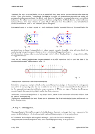 Thierry De Mees thierrydm@pandora.be
©July 2004 update 15/08/20045
The blocks that move away from Saturn will get an orbit which slows down and the blocks at the other edge of the ring
will get a faster orbit velocity. Very probably, the blocks at each edge will get a turbulent double circular motion and
consequently endure many collisions (fig. 2.5.a), while the rest of the ring tries to remain in the correct orbit without
turbulences. The edges become more compact but turbulent, and probably the blocks become smaller and more
numerous because of the many collisions. In section 2.4 , it will become more obvious how we come to this turbulent
double circular motion, when we will handle the process with gasses.
Even a small change of the edge’s outline, or a small gap between the edge region and the rest of the ring will allow the
gyrotation forces to change it’s shape (fig. 2.5.b) and get opposite gyrotation forces FΩ x at the split point. Slowly but
surely, the edge’s shape becomes circular due to the new orientation of the gyrotation forces.
Turbulent motions decrease and a more stable tiny ring is created out from the edge, helped by both gravitation and the
novel gyrotation forces.
When this part has been separated (and the same happened at the other edge of the ring) we get a new shape of the
gyrotation equipotentials ’ paths, as shown in fig. 2.6.
Fig. 2.6
The separations reduces the width of the remaining ring.
But still, the same process is able to split off another mass of the new formed edges. In this example, the next separated
mass will be all nearly as big as the first one. In reality, the size of the new ring is somewhat different : the influence of
the first separated tiny ring reduce slightly the compression power of Ω at the new edges of the large ring. Every new
separated mass is then successively slightly smaller than the previous one.
The result is a succession of separations of ring-shaped masses, which become smaller and smaller the more we reach
the centre of the original ring.
The larger the separated mass, the larger the gap near it, what means that the average density remains uniform as it was
before the separations.
2.4. Ring F : rotating gasses.
The shape of a part of the ring F is strange: its looks like drops or clumps; it was thought that it was a succession of tiny
moons (fig. 2.6). In fact, we will show below that it is a beautiful demonstration of the gyrotation forces.
Let’s start from the assumption that this part of the ring is a gas cloud, or made out of fine particles.
The gyrotation acceleration on a particle of the cloud is pointed perpendicularly on the gyrotation :
Ω
Ω
FΩx FΩ FΩy
Fig 2.5.b
Ω
Fig 2.5.a
p43
 