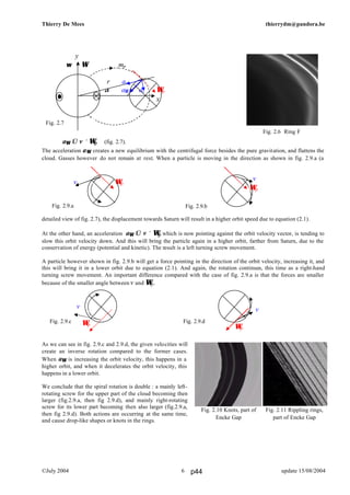 Thierry De Mees thierrydm@pandora.be
©July 2004 update 15/08/20046
aΩ ⇐ v × Ωp (fig. 2.7).
The acceleration aΩ creates a new equilibrium with the centrifugal force besides the pure gravitation, and flattens the
cloud. Gasses however do not remain at rest. When a particle is moving in the direction as shown in fig. 2.9.a (a
detailed view of fig. 2.7), the displacement towards Saturn will result in a higher orbit speed due to equation (2.1).
At the other hand, an acceleration aΩ ⇐ v × Ωp which is now pointing against the orbit velocity vector, is tending to
slow this orbit velocity down. And this will bring the particle again in a higher orbit, farther from Saturn, due to the
conservation of energy (potential and kinetic). The result is a left turning screw movement.
A particle however shown in fig. 2.9.b will get a force pointing in the direction of the orbit velocity, increasing it, and
this will bring it in a lower orbit due to equation (2.1). And again, the rotation continues, this time as a right-hand
turning screw movement. An important difference compared with the case of fig. 2.9.a is that the forces are smaller
because of the smaller angle between v and Ωp.
As we can see in fig. 2.9.c and 2.9.d, the given velocities will
create an inverse rotation compared to the former cases.
When aΩ is increasing the orbit velocity, this happens in a
higher orbit, and when it decelerates the orbit velocity, this
happens in a lower orbit.
We conclude that the spiral rotation is double : a mainly left-
rotating screw for the upper part of the cloud becoming then
larger (fig.2.9.a, then fig 2.9.d), and mainly right-rotating
screw for its lower part becoming then also larger (fig.2.9.a,
then fig 2.9.d). Both actions are occurring at the same time,
and cause drop-like shapes or knots in the rings.
v Ωp
Fig. 2.9.a
v
Ωp
Fig. 2.9.b
v
Ωp
Fig. 2.9.c
v
Ωp
Fig. 2.9.d
Fig. 2.11 Rippling rings,
part of Encke Gap
Fig. 2.10 Knots, part of
Encke Gap
Fig. 2.6 Ring F
y
ω Ω mp
r ar
m α aΩ at Ωp
x
Fig. 2.7
p44
 