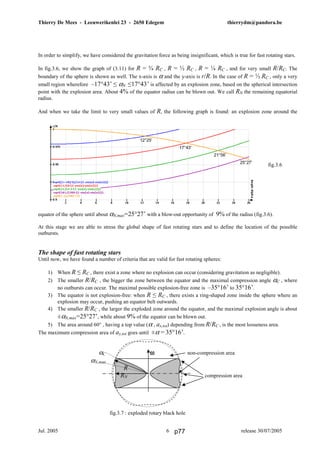 Thierry De Mees - Leeuwerikenlei 23 - 2650 Edegem thierrydm@pandora.be
Jul. 2005 release 30/07/20056
In order to simplify, we have considered the gravitation force as being insignificant, which is true for fast rotating stars.
In fig.3.6, we show the graph of (3.11) for R = ¾ RC , R = ½ RC , R = ¼ RC , and for very small R/RC. The
boundary of the sphere is shown as well. The x-axis is α and the y-axis is r/R. In the case of R = ½ RC , only a very
small region wherefore –17°43’ ≤ αN ≤17°43’ is affected by an explosion zone, based on the spherical intersection
point with the explosion area. About 4% of the equator radius can be blown out. We call RN the remaining equatorial
radius.
And when we take the limit to very small values of R, the following graph is found: an explosion zone around the
equator of the sphere until about αN,max=25°27’ with a blow-out opportunity of 9% of the radius (fig.3.6).
At this stage we are able to stress the global shape of fast rotating stars and to define the location of the possible
outbursts.
The shape of fast rotating stars
Until now, we have found a number of criteria that are valid for fast rotating spheres:
1) When R ≤ RC , there exist a zone where no explosion can occur (considering gravitation as negligible).
2) The smaller R/RC , the bigger the zone between the equator and the maximal compression angle αC , where
no outbursts can occur. The maximal possible explosion-free zone is –35°16’ to 35°16’.
3) The equator is not explosion-free: when R ≤ RC , there exists a ring-shaped zone inside the sphere where an
explosion may occur, pushing an equator belt outwards.
4) The smaller R/RC , the larger the exploded zone around the equator, and the maximal explosion angle is about
±αN,max=25°27’, while about 9% of the equator can be blown out.
5) The area around 60° , having a top value (α , ax,tot) depending from R/RC , is the most looseness area.
The maximum compression area of ay,tot goes until ±α = 35°16’.
fig.3.6
12°25’
17°43’
21°56’
25°27’
αC ωωωω non-compression area
αN,max
R
RN compression area
fig.3.7 : exploded rotary black hole
p77
 