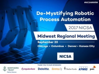 www.nicsa.org
De-Mystifying Robotic
Process Automation
2017 NICSA
Midwest Regional Meeting
#NICSAMWRM
THANK YOU TO OUR SPONSORS!
Platinum Sponsor
 