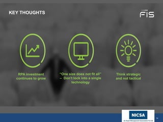 www.nicsa.org
KEY THOUGHTS
Think strategic
and not tactical
RPA investment
continues to grow
“One size does not fit all”
– Don’t lock into a single
technology
14
 