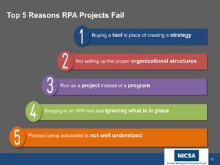 www.nicsa.org 15
Top 5 Reasons RPA Projects Fail
Buying a tool in place of creating a strategy
Not setting up the proper organizational structures
Run as a project instead of a program
Process being automated is not well understood
Bringing in an RPA tool and ignoring what is in place
 