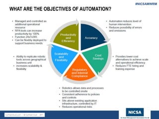www.nicsa.org
WHAT ARE THE OBJECTIVES OF AUTOMATION?
#NICSAMWRM
 