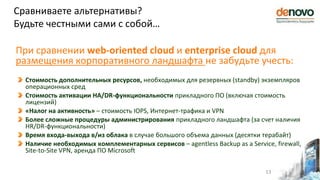 При сравнении web-oriented cloud и enterprise cloud для
размещения корпоративного ландшафта не забудьте учесть:
Стоимость дополнительных ресурсов, необходимых для резервных (standby) экземпляров
операционных сред
Стоимость активации HA/DR-функциональности прикладного ПО (включая стоимость
лицензий)
«Налог на активность» – стоимость IOPS, Интернет-трафика и VPN
Более сложные процедуры администрирования прикладного ландшафта (за счет наличия
HR/DR-функциональности)
Время входа-выхода в/из облака в случае большого объема данных (десятки терабайт)
Наличие необходимых комплементарных сервисов – agentless Backup as a Service, firewall,
Site-to-Site VPN, аренда ПО Microsoft
Сравниваете альтернативы?
Будьте честными сами с собой…
13
 